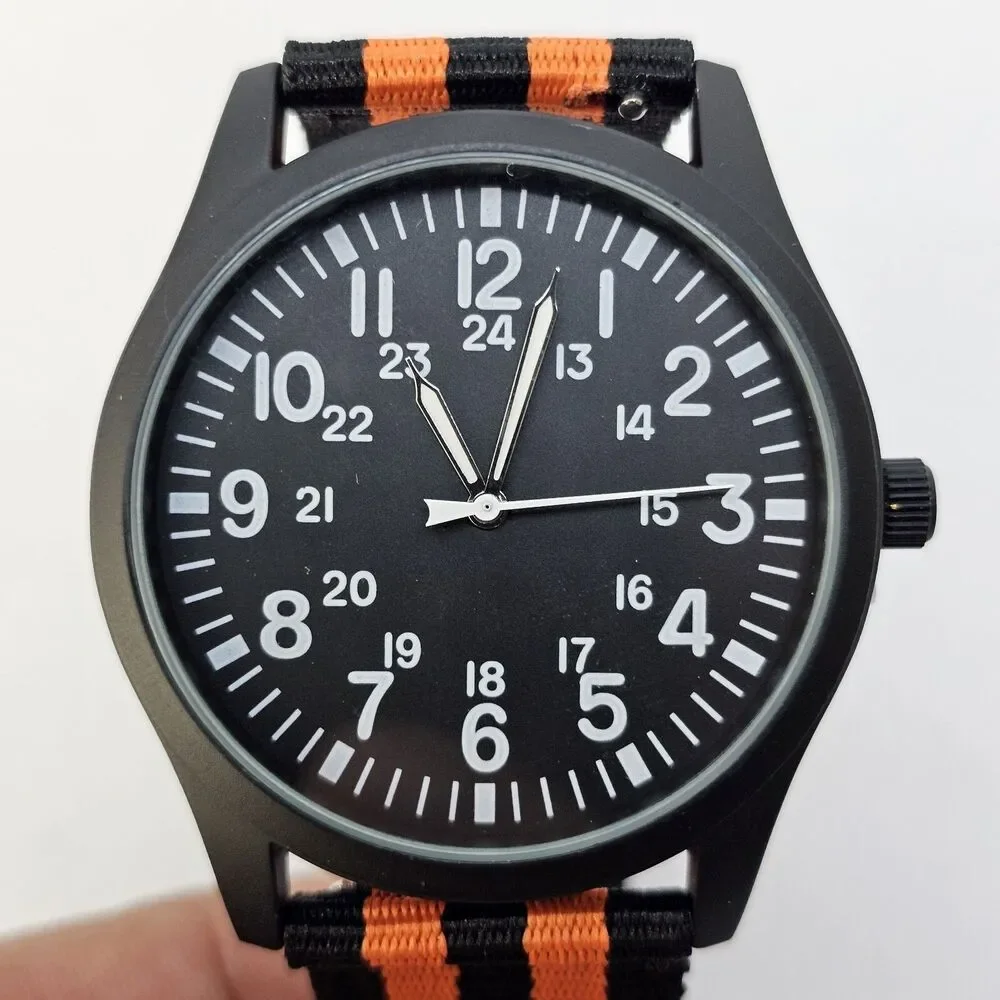 Field Military Men's Watch 42MM Black Case Dial Black‎ Orange Canvas Band Straps